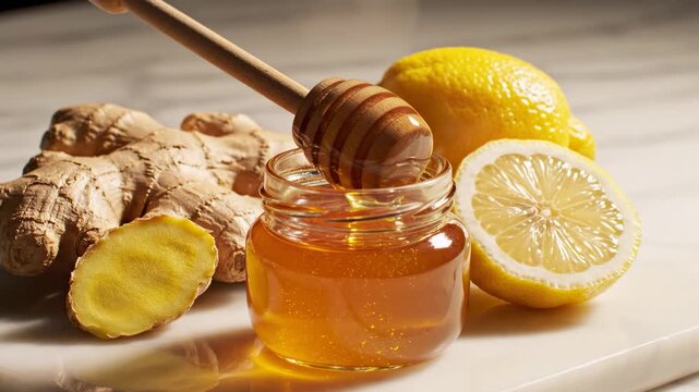 This features a honey jar with a honey dipper surrounded by ginger and lemons on a wooden cutting board in a cozy kitchen setting, highlighting the ingredients and textures of a healthy recipe.