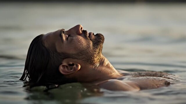 This captures a serene moment of a woman floating on her back in calm water, surrounded by the soothing ambiance of a beautiful sunset, evoking feelings of peace and tranquility.