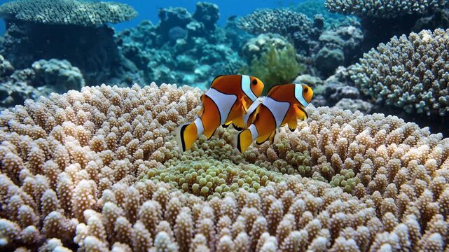 Two Clownfish Swim Among Colorful Coral Reefs Underwater.