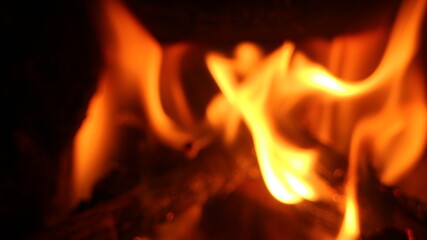 Fototapeta premium Burning log of firewood in fireplace. Close up abstract background Wood fire on black background