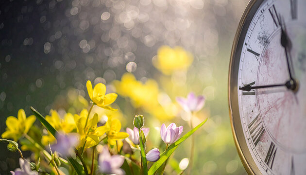 Close up of delicate spring flowers with a vintage clock face in soft sunlight and bokeh