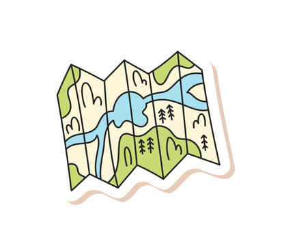 Colorful folded map patch in doodle icon style. Outdoor map with river and mountain, forest and camp for hiking or adventure travel. Nature trip art, summer concept element.