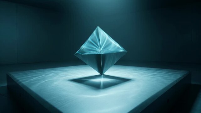 Abstract Geometric Crystal Object Rendering Displayed in a Minimalist Dark Studio Environment Featuring Intense Blue Lighting and Perfect Reflective Surfaces