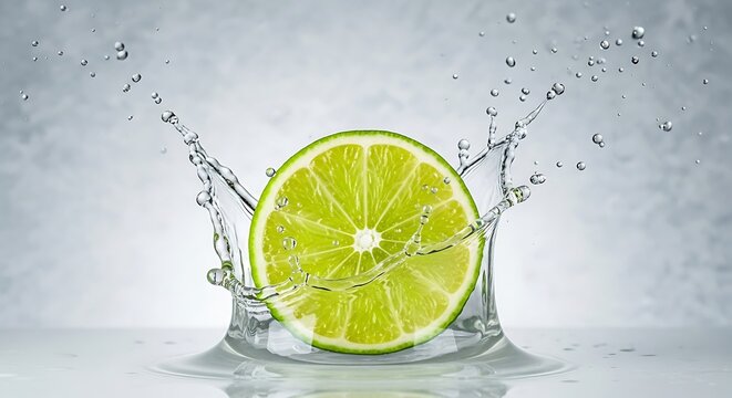 Irisan jeruk nipis hijau jatuh ke dalam air menciptakan cipratan melambangkan kesegaran murni dan keseimbangan hidrasi tubuh