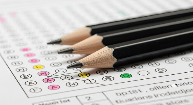 Three sharp black pencils resting on a white optical mark recognition (OMR) answer sheet with highlighted bubbles symbolizing academic exams and assessment.