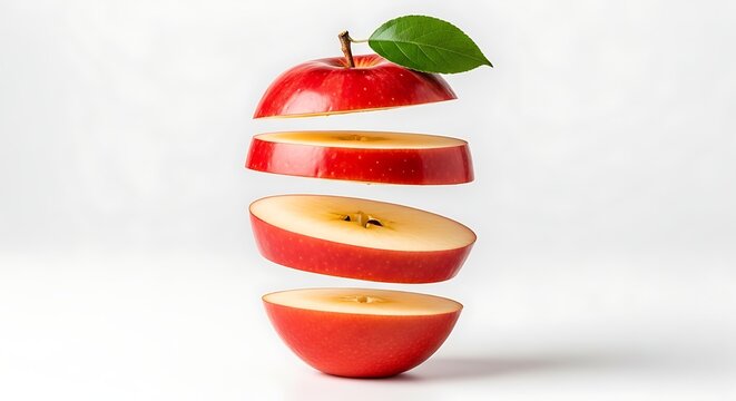 Potongan buah apel merah melayang di udara dengan daun hijau melambangkan kesegaran alami dan gaya hidup sehat