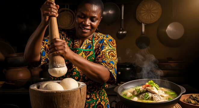 African female cook using traditional wooden tool to crush white yam in mortar next to hot soup pot