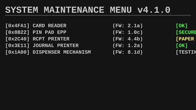 Automated teller machine ATM hidden technician diagnostic menu testing cash dispenser and secure pin pad for banking video