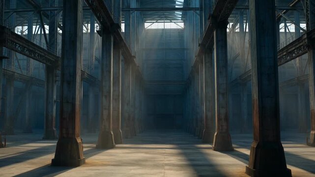 Entering the vast and silent forgotten world A cinematic look at an enormous abandoned industrial factory decay scene with dramatic light