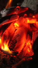Fototapeta premium Home fireplace with burning wood, blazing fire creates a warm and cozy atmosphere.