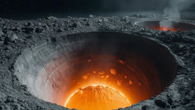 Glowing volcanic crater molten rock lava crater rim barren rocky landscape starry sky molten crater