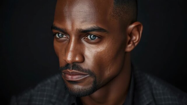 Thoughtful closeup portrait of man with dramatic lighting, striking eyes and textured skin