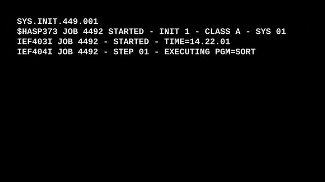 Vintage IBM style mainframe computer interface submitting batch job via punch card terminal for legacy computing documentary
