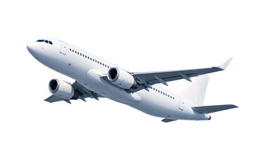 Obraz premium Side view of a large white commercial passenger airplane in flight against a clean white background, showcasing its engines, wings, and sleek aviation design.