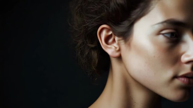 Young woman portrait face close up dramatic with soft dramatic lighting and thoughtful calm
