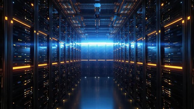 High tech server room corridor glowing blue and orange lights with server rack blade server network