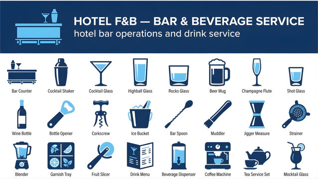 Hotel Bar and Beverage Service Icons: Professional Drink Operations Set