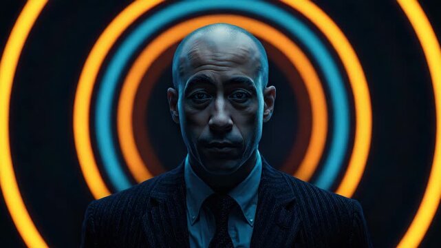 Bald man suit tie portrait concentric light neon ring. moody cinematic businessman portrait with