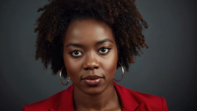 Confident professional woman portrait headshot black natural hair smiling red blazer with hoop