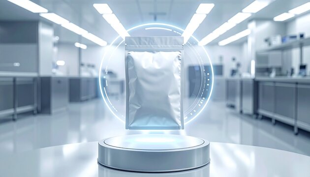 A futuristic laboratory setting showcases a sealed package on a pedestal with a protective shield.