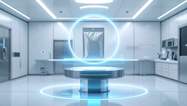 A futuristic medical technology room with a glowing blue circular device on a table.