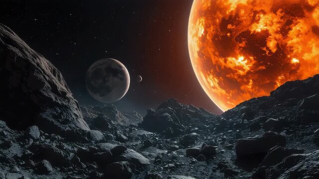 Rocky alien landscape moonlight with fiery orange gas planet, distant moon and dramatic cosmic mood