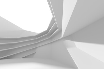 Plakat Minimal white abstract architectural interior with layered angular steps and sculptural forms for modern background and wallpaper design.3d render