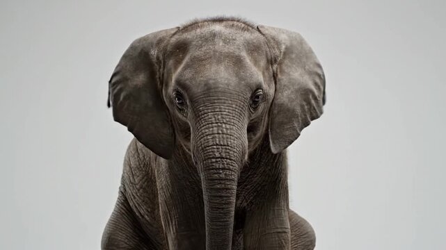 Frontal Portrait of a Baby Elephant Calf on White Background