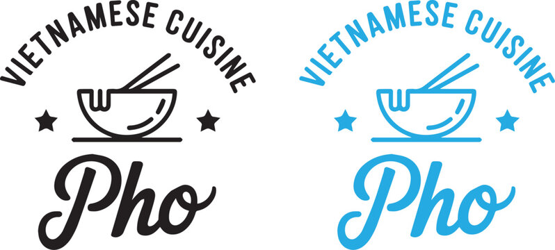 Vietnamese Cuisine Pho Hand Lettering Typography Vector Illustration with Bowl and Chopsticks in Black and Blue for Restaurant Logo, Menu Design, Food Branding, Packaging