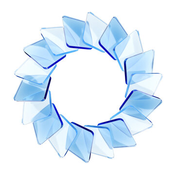 Circular ring of translucent blue glass tiles arranged in radial pattern for logo background or poster design use .3d render