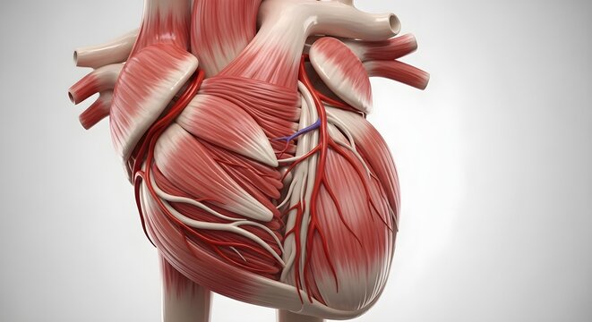 human heart anatomy with visible blood vessels and muscles