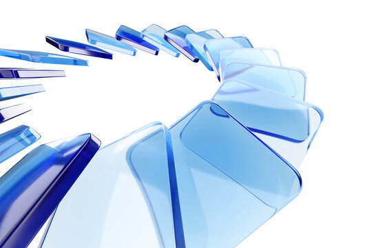 Translucent blue glass spiral ring on white background for futuristic banner and technology product design and clean geometric composition.3d render