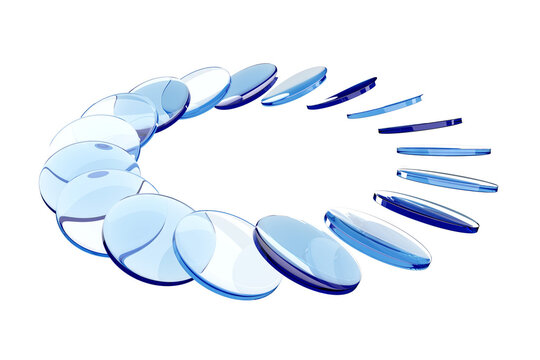 Spiral array of glossy blue glass discs forming a circular ring for modern background and technology banner design.3d render