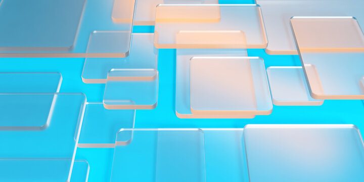 Transparent glass square tiles floating over cyan surface background for modern banner and website design.3d render