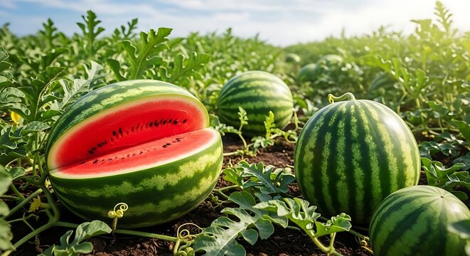 Semangka merah terbelah di tengah ladang hijau yang luas melambangkan hidrasi musim panas dan hasil panen agrikultur pedesaan yang melimpah.