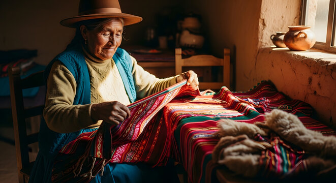 An elderly female weaver sitting at a rustic wooden table indoors examining a bright colorful woven cloth with intricate geometric patterns