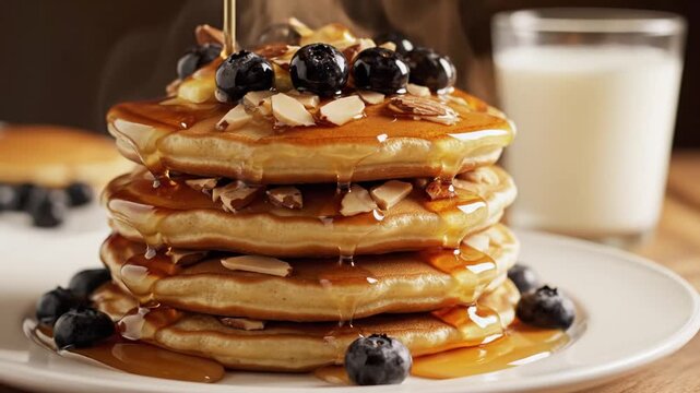 Close-up of four golden brown pancakes on a white plate topped with fresh blueberries and sliced almonds, with maple syrup dripping and a glass of milk in the blurred background.