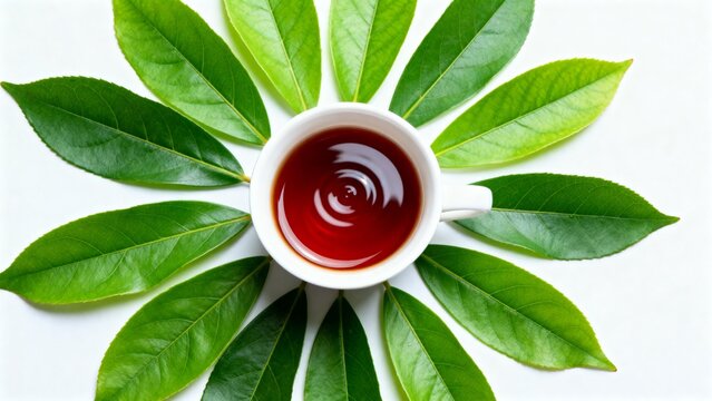 Tea cup surrounded by green leaves