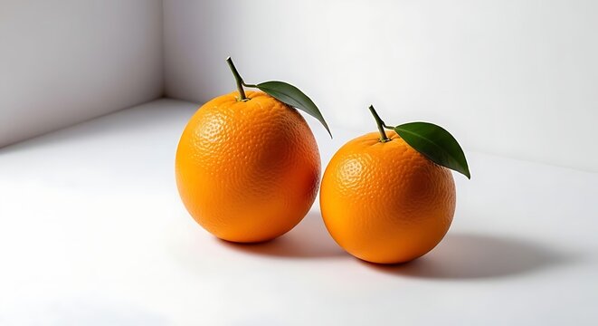 Dua buah jeruk utuh dengan daun hijau tergeletak manis melambangkan kemurnian alam serta pertumbuhan agrikultur organik yang sangat subur.