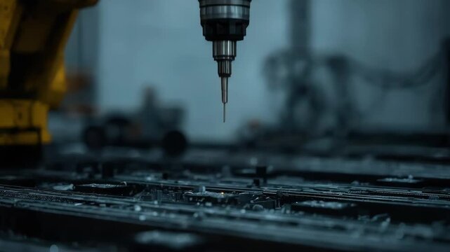 Industrial drill cutting metal with bright sparks factory machine workshop, precision industrial