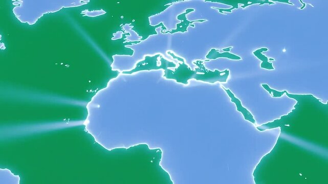 A simple, glowing and colorful illustration of a world map on a green background