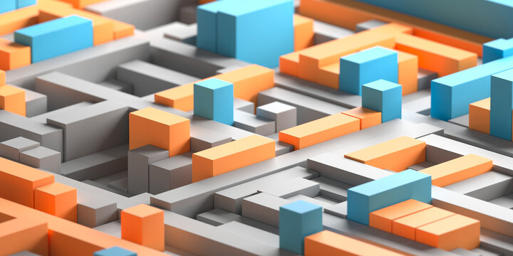 Isometric abstract city block grid with orange and blue geometric buildings for modern background and technology poster design.3d render