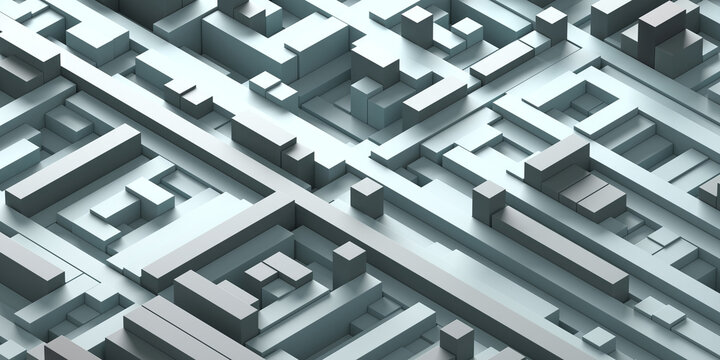 Isometric block cityscape maze of interlocking platforms for futuristic architectural background and banner design.3d render