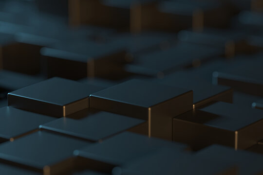 Dark metallic cube surface with shallow depth of field for moody technology background and website banner design.3d render