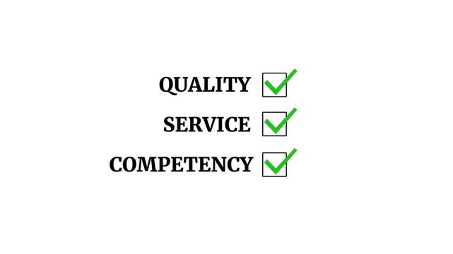 quality, service and competency checkbox mark with tick. customer feedback for improvements, and maintaining customer focus