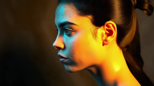 Young woman portrait side profile rim light blue light dramatic teal orange rim lighting dewy skin