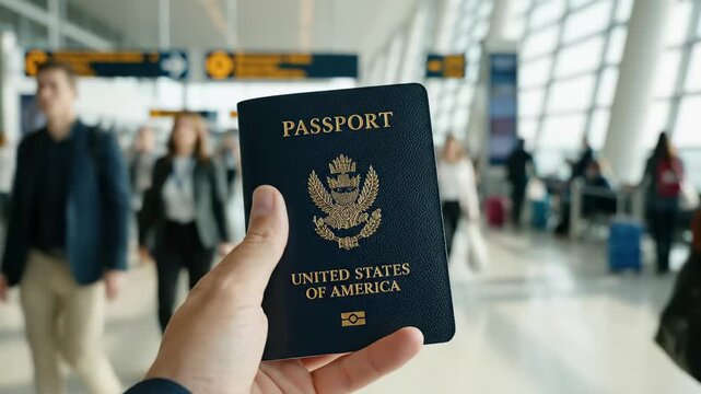 This shows a person holding a United States passport in an airport terminal with travelers walking in the background. The passport is prominently displayed in the foreground.
