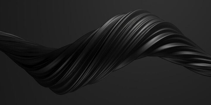 Black twisted ribbon wave abstract shape for dark minimalist background and sleek banner design.3d render