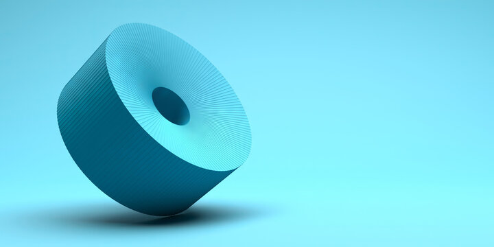 Cyan blue ribbed torus donut shape floating above surface with soft shadow for modern abstract product background.3d render