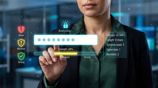 Professional businesswoman using futuristic AI password manager interface to analyze password strength and security entropy metrics for personal account protection and secure login